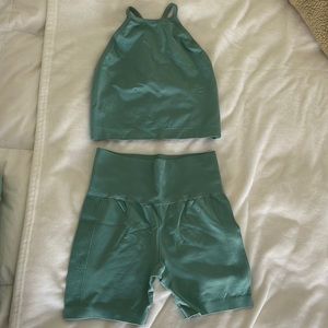 Teal colored matching workout set